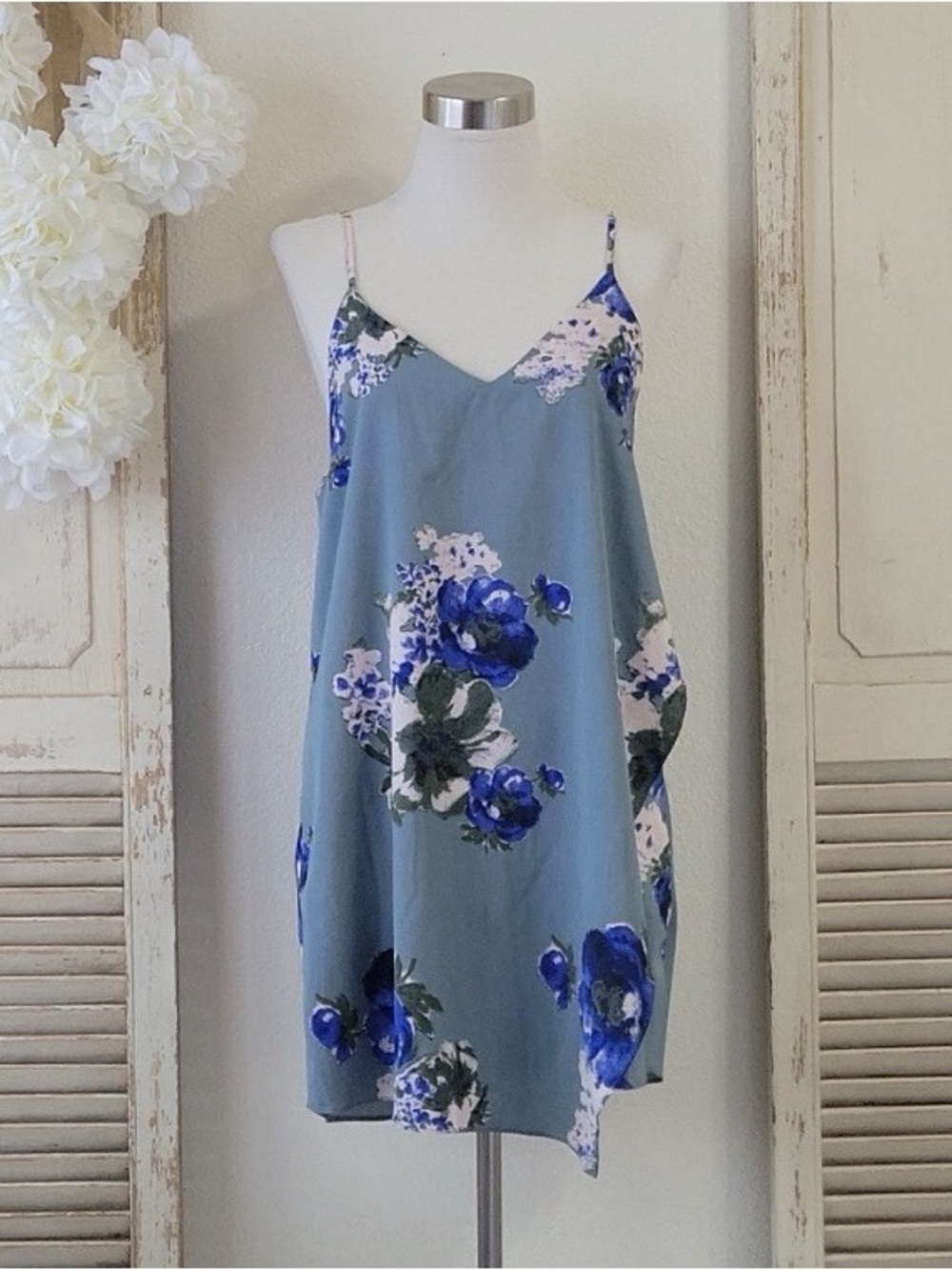 Free People Intimately Spaghetti Strap Dusty Blue Floral Slip Dress | Size L